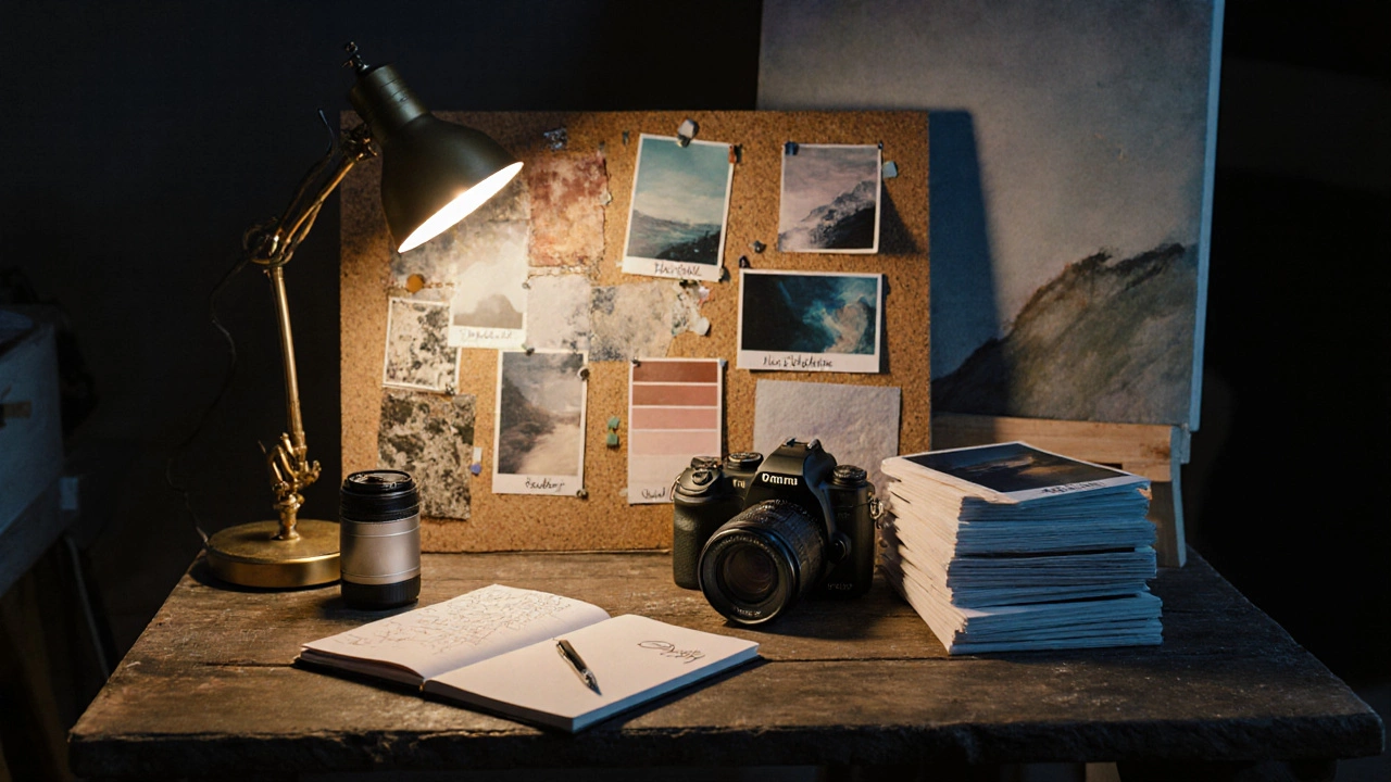 Artist&#039;s workspace at dusk showing film canister, mood board, signed archival prints and a draped canvas.