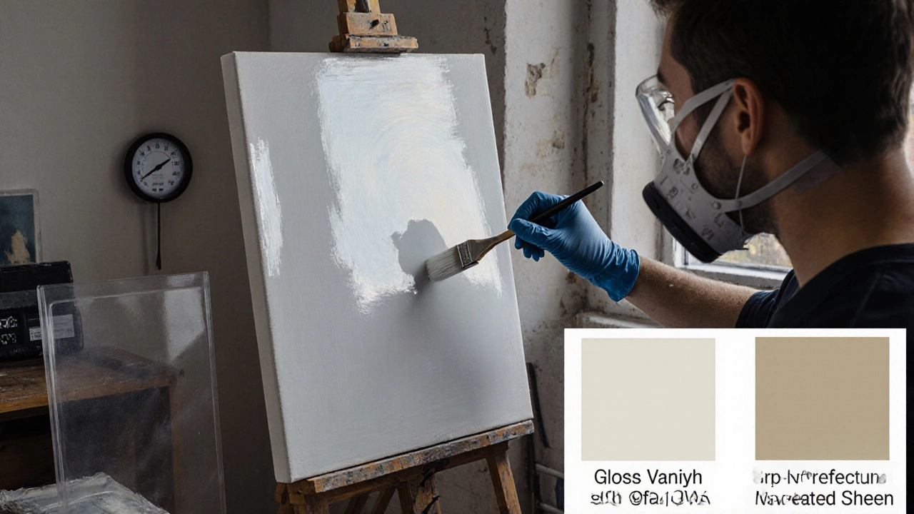 Artist applying clear varnish to a canvas in a ventilated studio with protective gear.