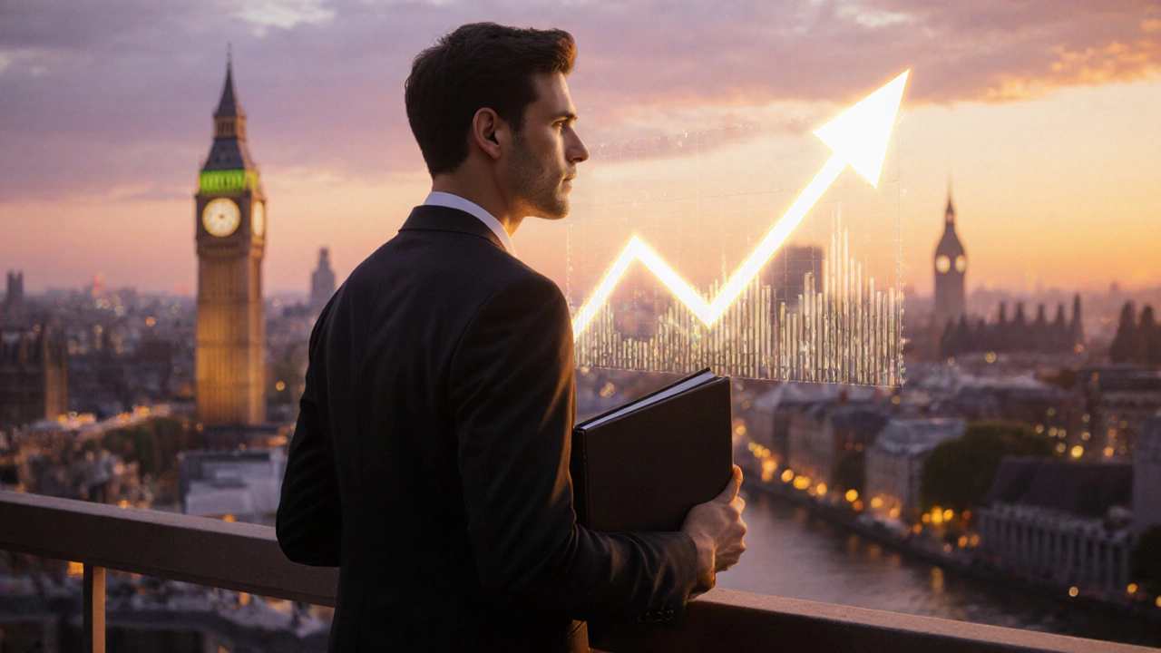 Artist on London‑like balcony holding portfolio, golden sunset, faint rising earnings graph.