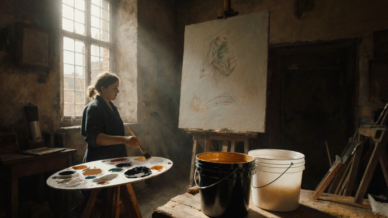 Artist painting with three‑bucket system under natural light in a classic studio.