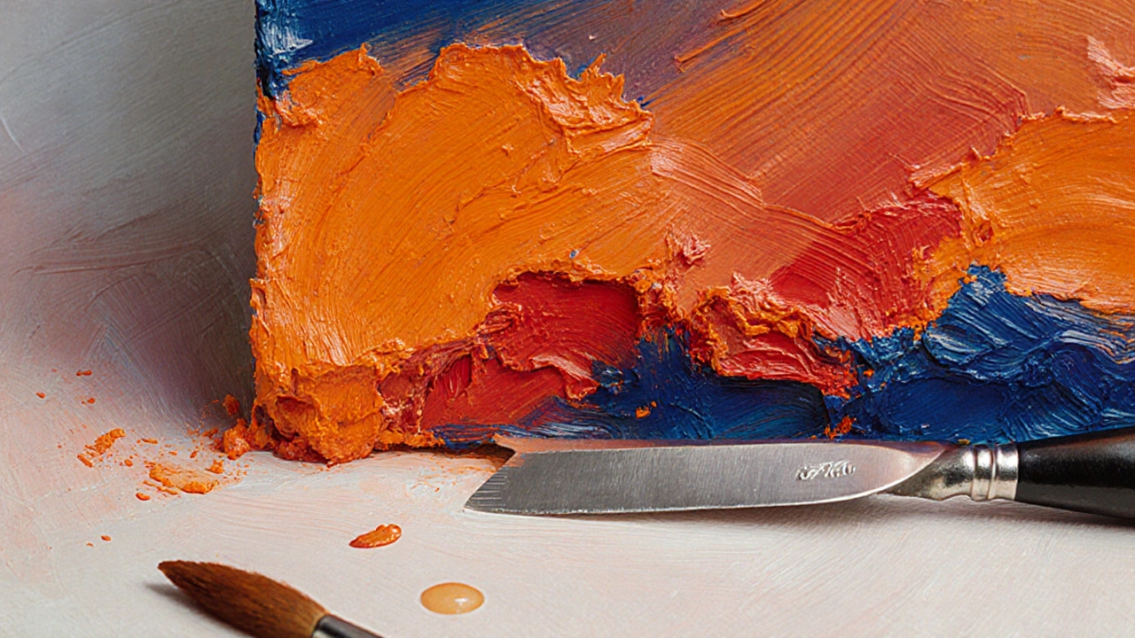 Close‑up of thick impasto strokes on an almost finished alla prima painting.