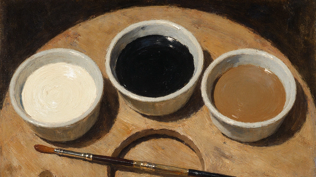 Close‑up of three porcelain jars on a wooden palette with brushes beside them.