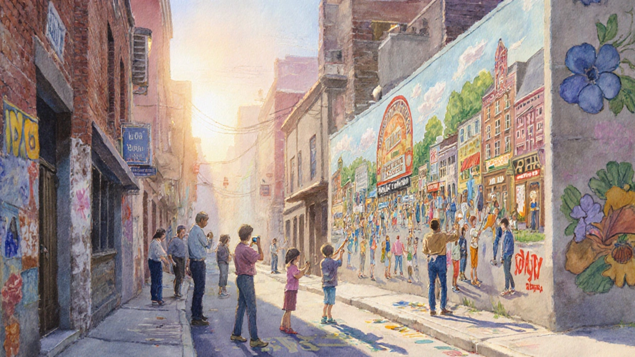Community mural brightens an alley, with people gathering and photographing it.