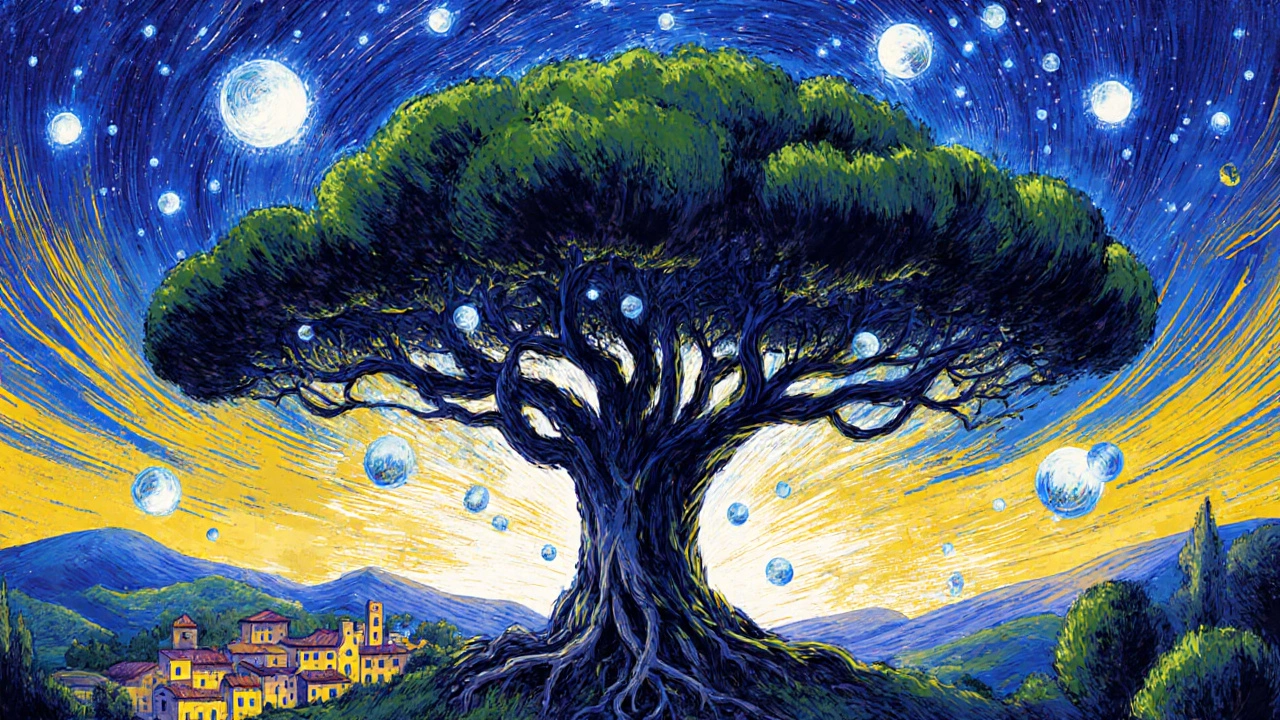 Cypress tree connecting earth and cosmic swirls, stars pulsing above a sleeping village, thick brushwork.