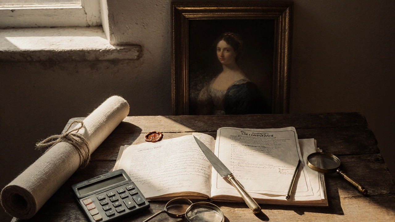 Flat‑lay of canvas, condition report, provenance certificate, calculator and magnifying glass.