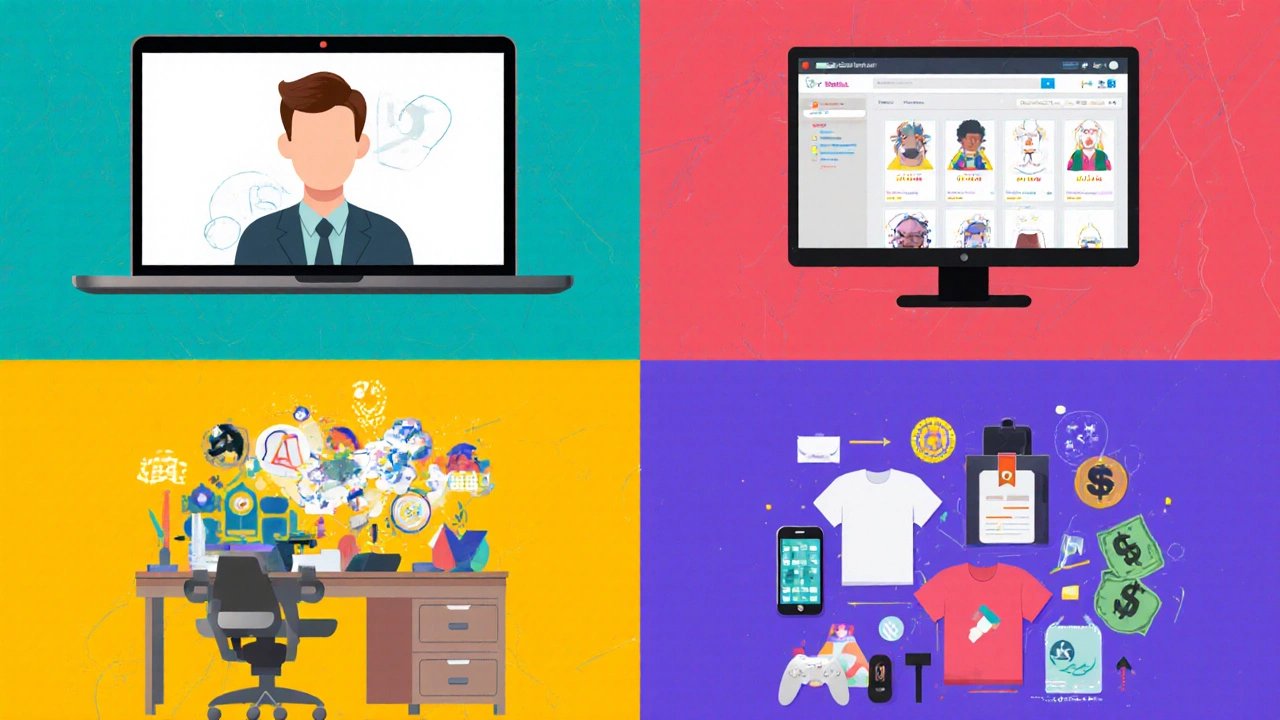 Four‑panel illustration of freelance commissions, stock art, studio job, and licensing streams.