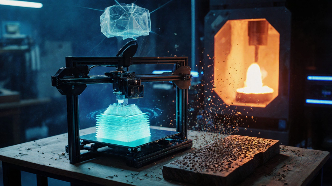 Futuristic studio with hologram, 3D printer, CNC router, and bronze furnace.