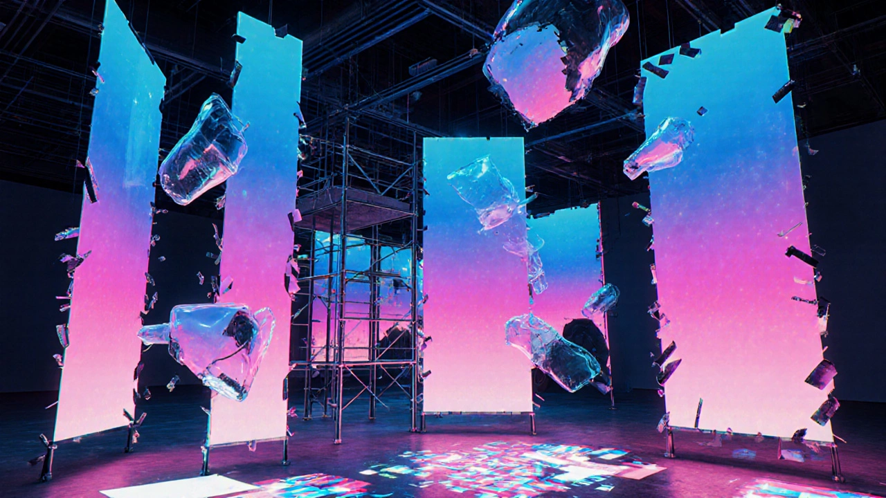 Gallery installation with fragmented shapes, neon gradients, LEDs, projection mapping.