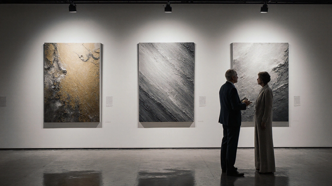 Gallery scene showing large fine‑art photos on walls with curator and collector discussing.