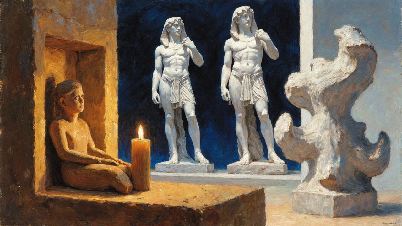 Historical painting showing Egyptian figurine, stone statues, Michelangelo&#039;s David, and Voulkos ceramic.