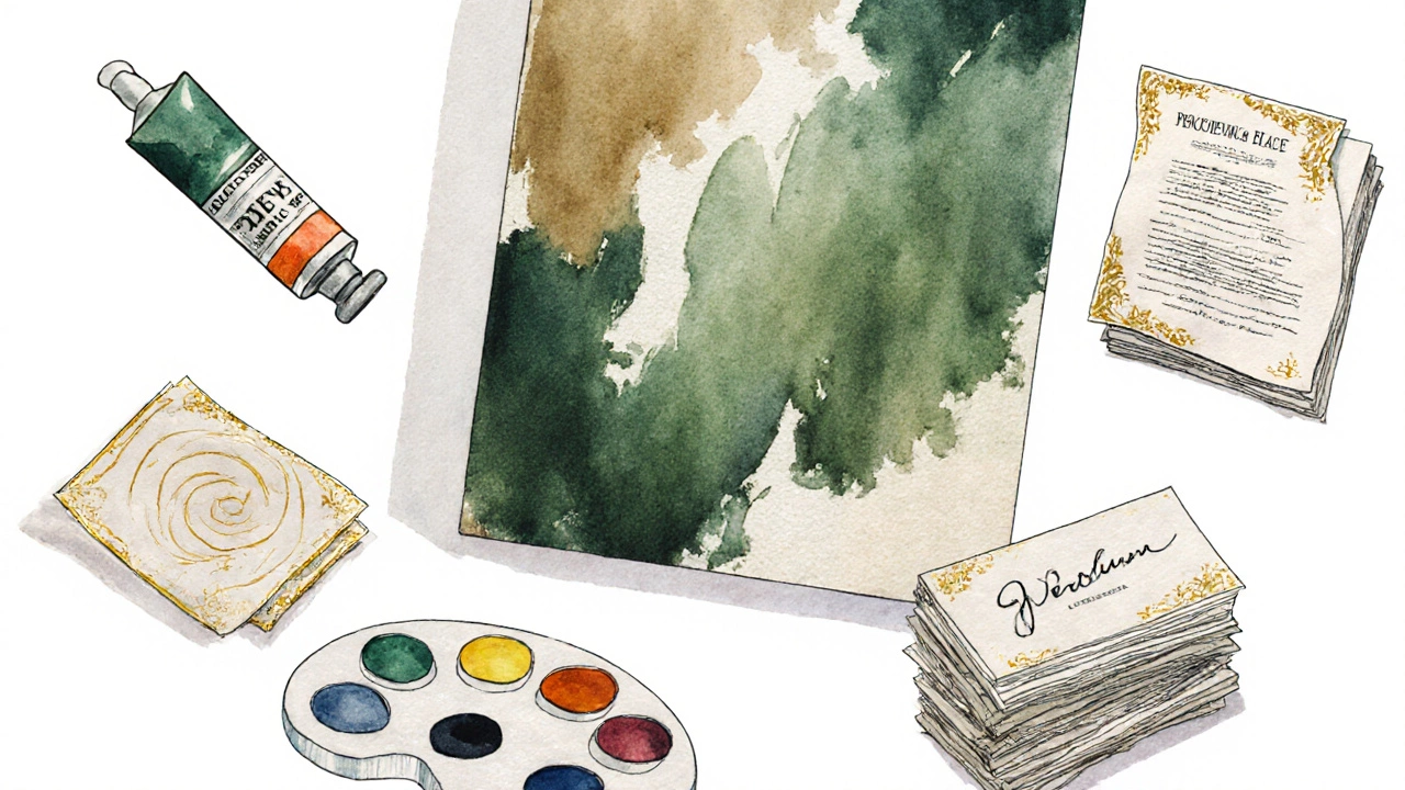 Illustration showing canvas, paint tube, provenance papers, signature, and scale.