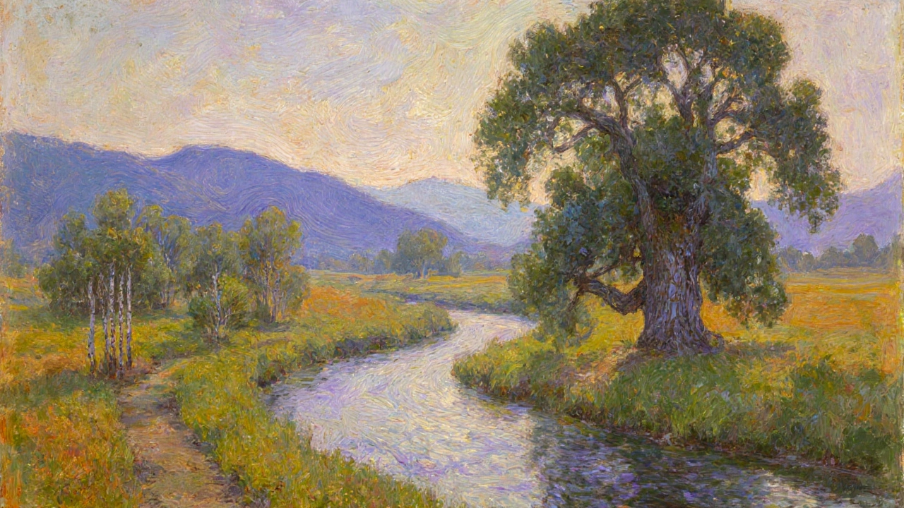 Impressionist landscape showing river, trees, and depth through perspective.