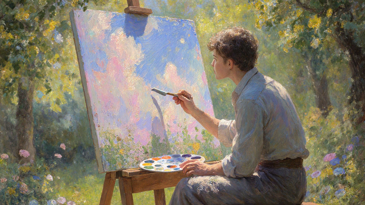 Impressionist‑style painter working wet‑on‑wet outdoors in a garden.