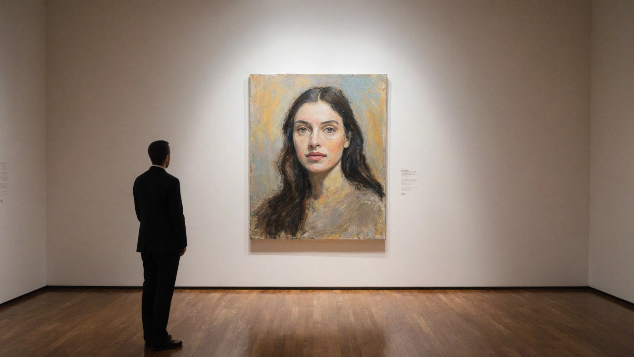 Large portrait hanging in a gallery, viewed from a distance to show its scale.