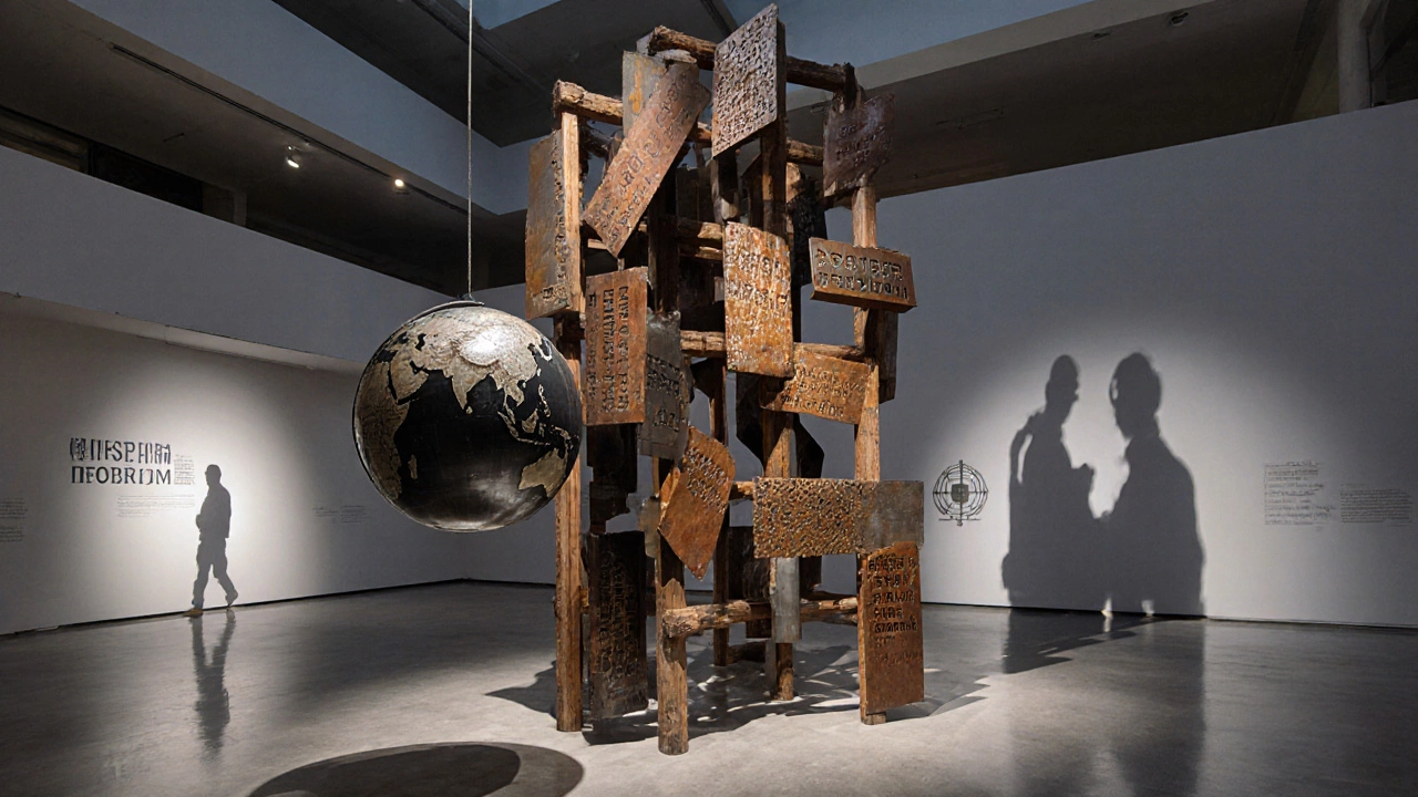 Modern installation mixing carved wood, steel, and political symbols in a museum atrium.