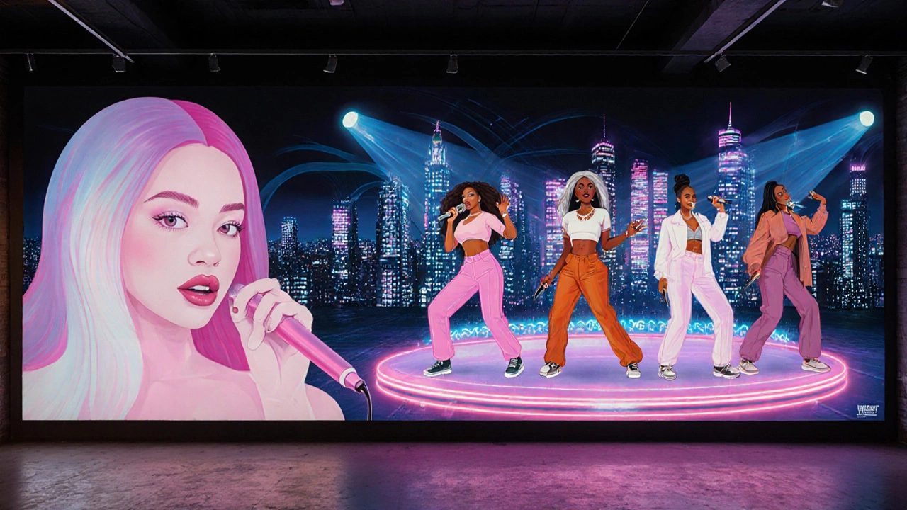 Modern mural showing present female rappers with a ghostly portrait of Sha‑Rock behind them.