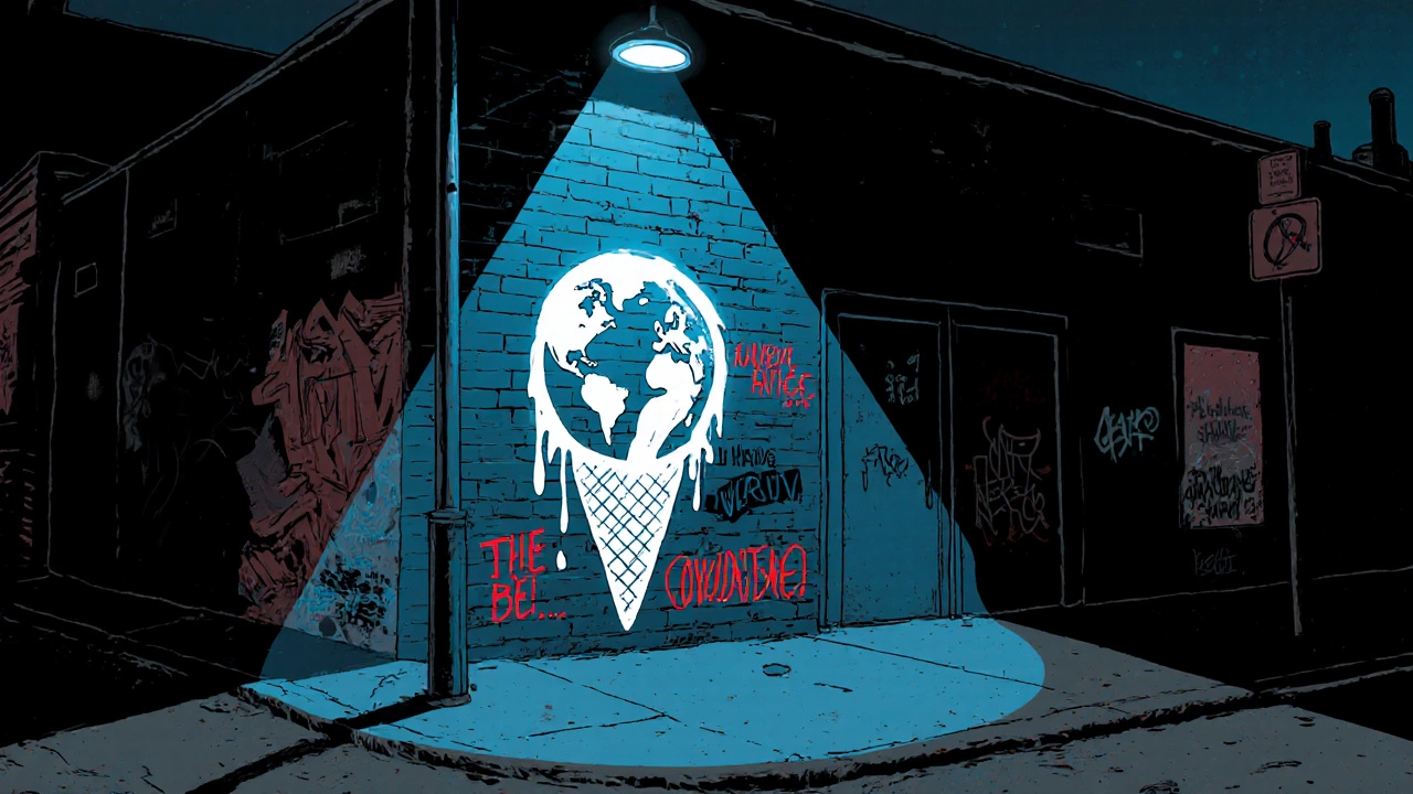 Night‑time stencil of a melting globe on brick wall with activist slogans under a streetlamp.