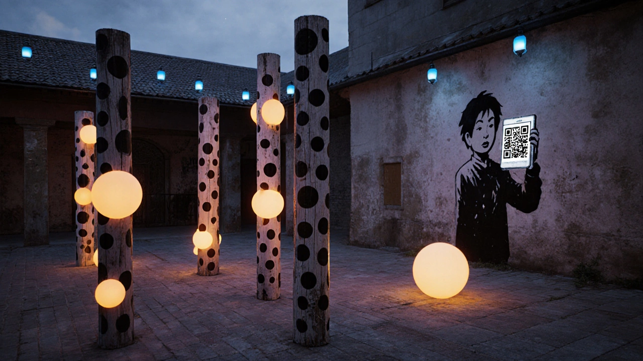 Outdoor interactive art with polka‑dot wooden columns, LED orbs, stencil QR code.