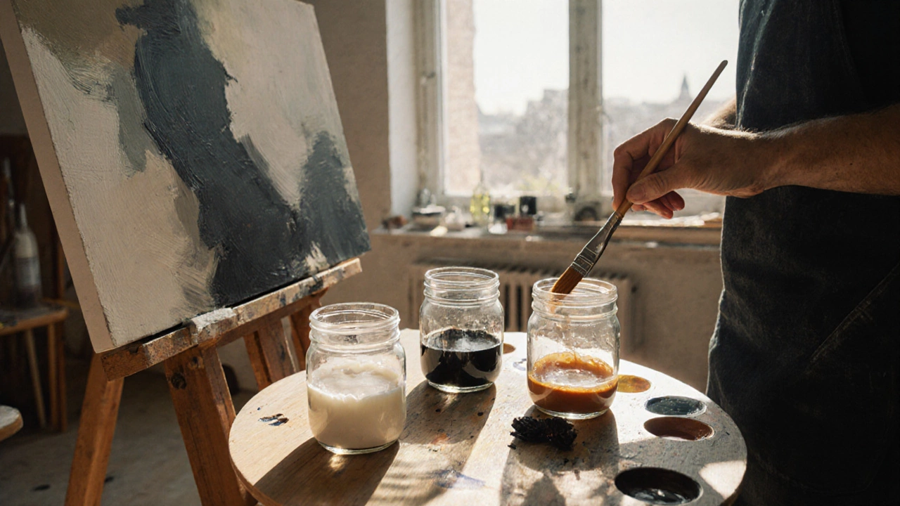 Painter using three‑bucket jars to blend colors on a canvas in a sunlit studio.