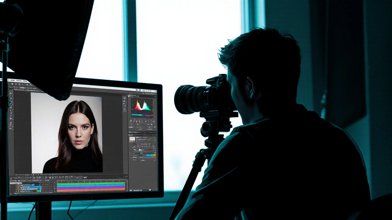Photographer shooting a portrait under mixed lighting, editing on a monitor.