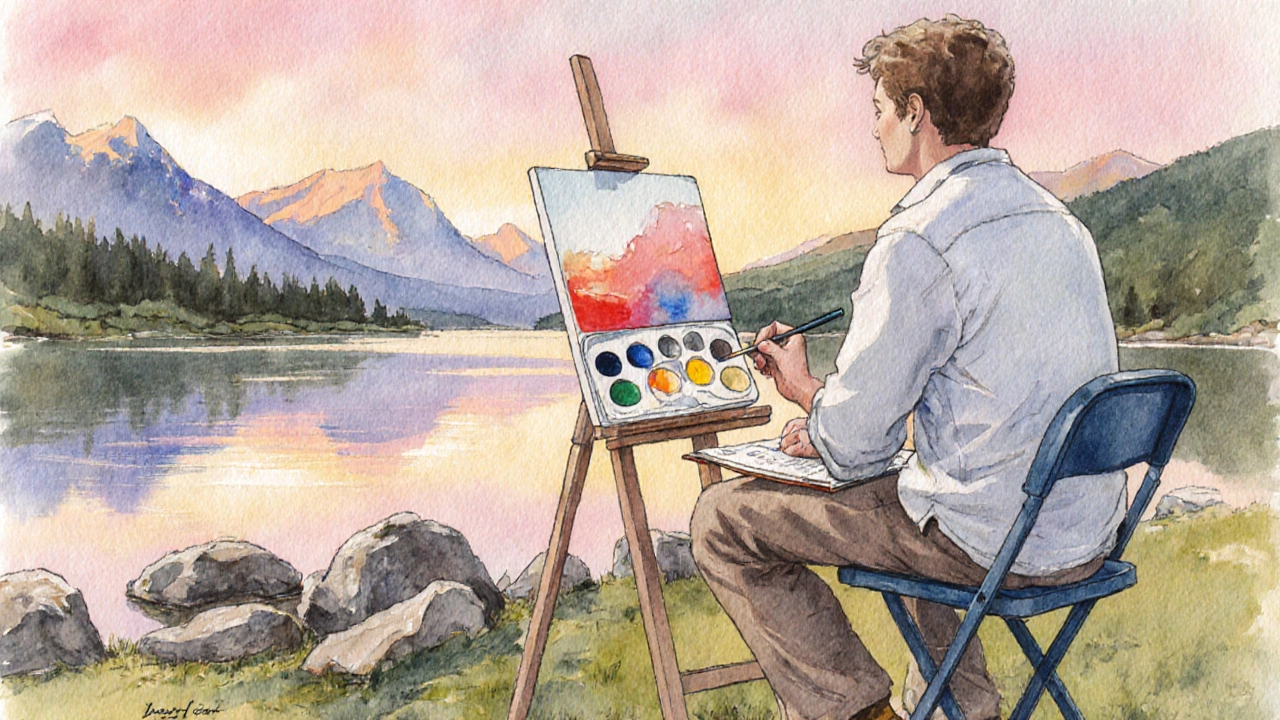 Plein‑air painter using watercolour, limited palette, and sunrise lighting.