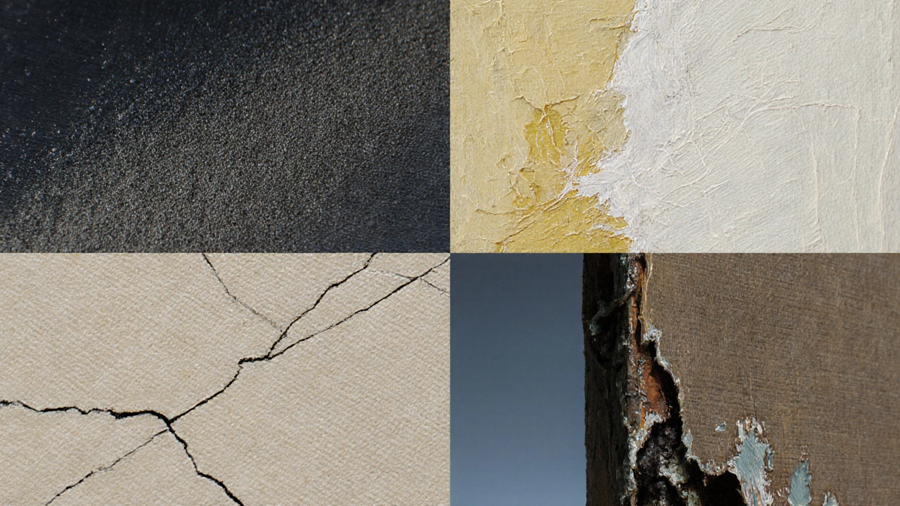 Quadrant view of oil painting showing dust, yellowing, cracks, and moisture damage.
