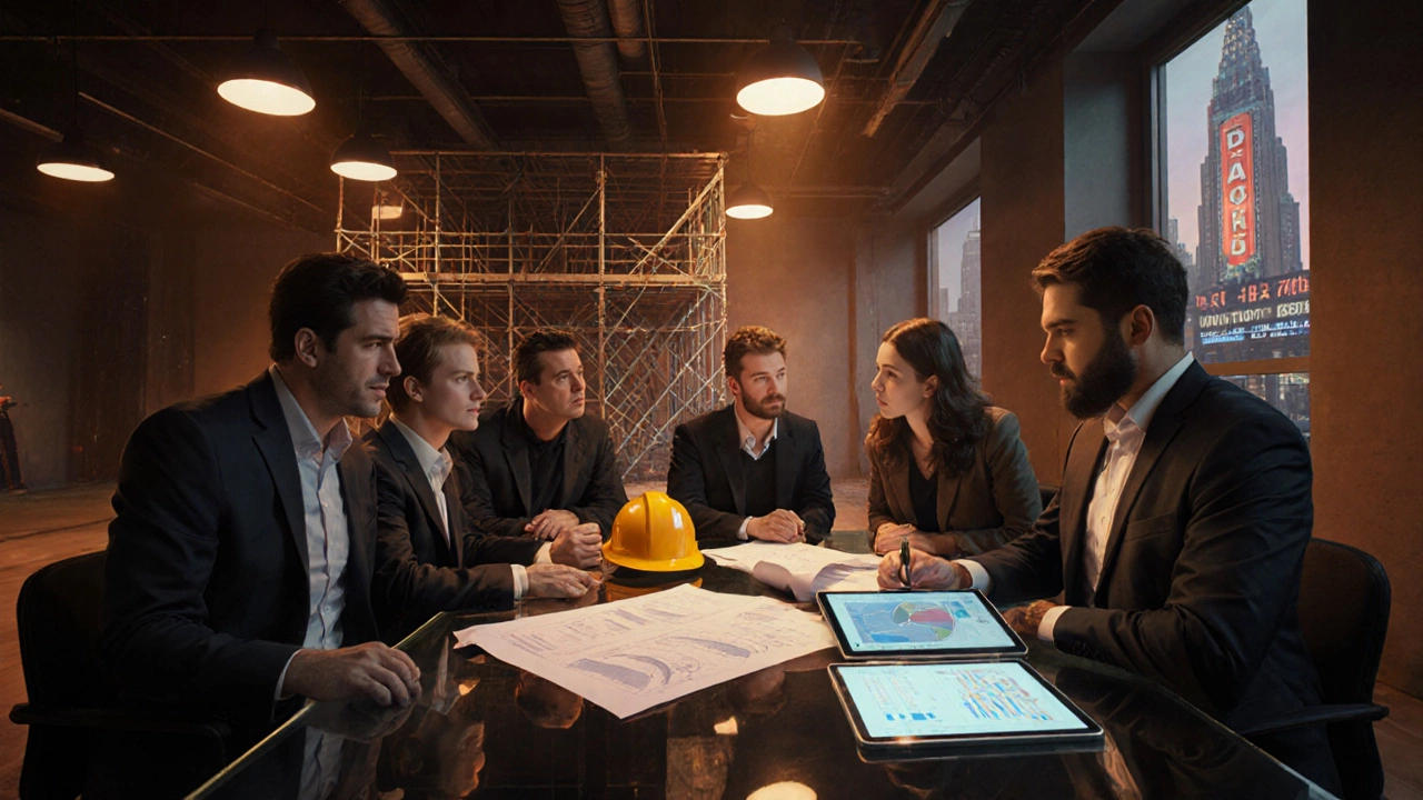 Rehearsal room with producers reviewing blueprints and safety gear beside a partially built set.