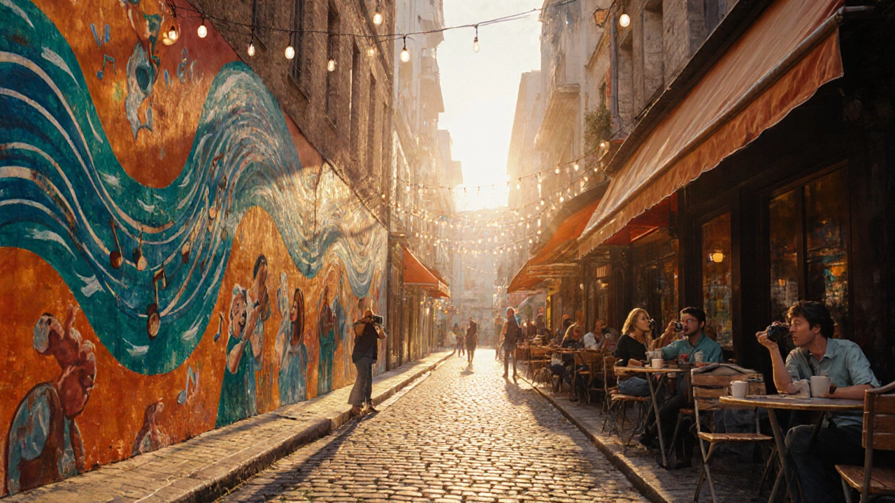 Renovated alley featuring a vibrant heritage mural, cafés, and tourists enjoying the new space.