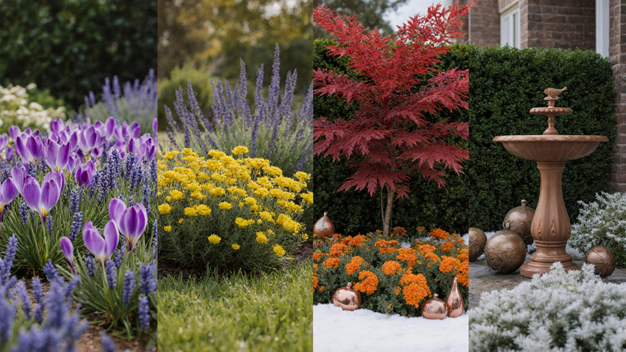 Seasonal collage of a garden showing purple‑yellow, blue‑orange, red‑green, and copper‑green color schemes.
