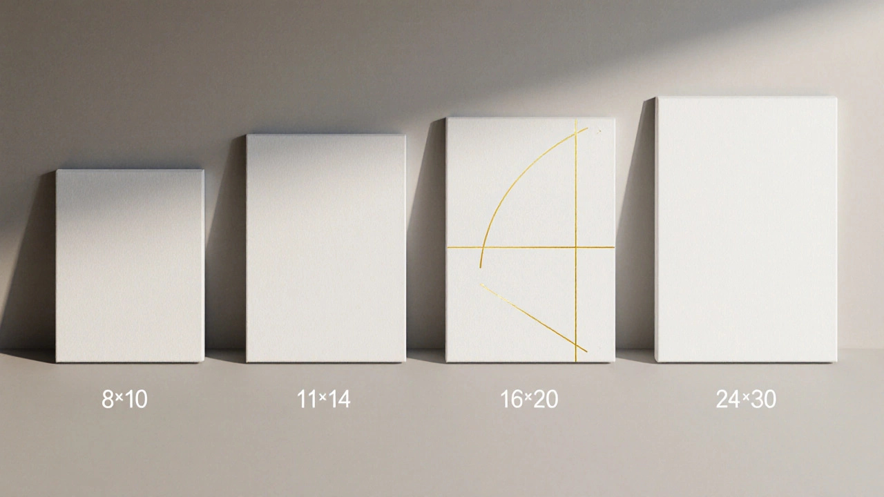 Series of empty canvases of standard portrait sizes displayed on a wall.