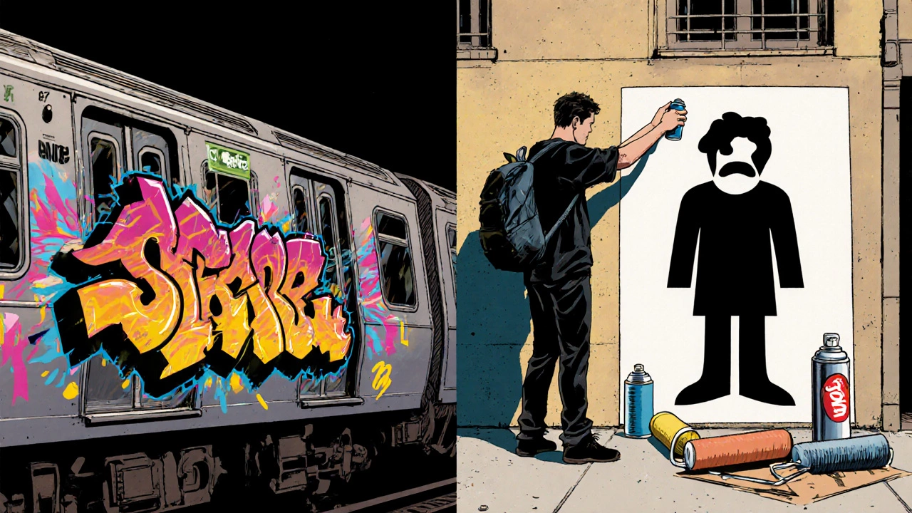 Side‑by‑side view of a graffiti tag on a subway car and a stencil mural on a building.