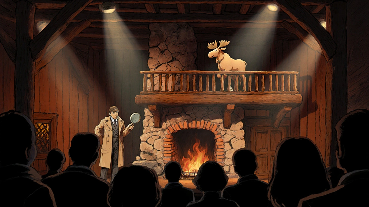 Stage scene of a rustic inn with a moose on the balcony and a confused detective under spotlights.