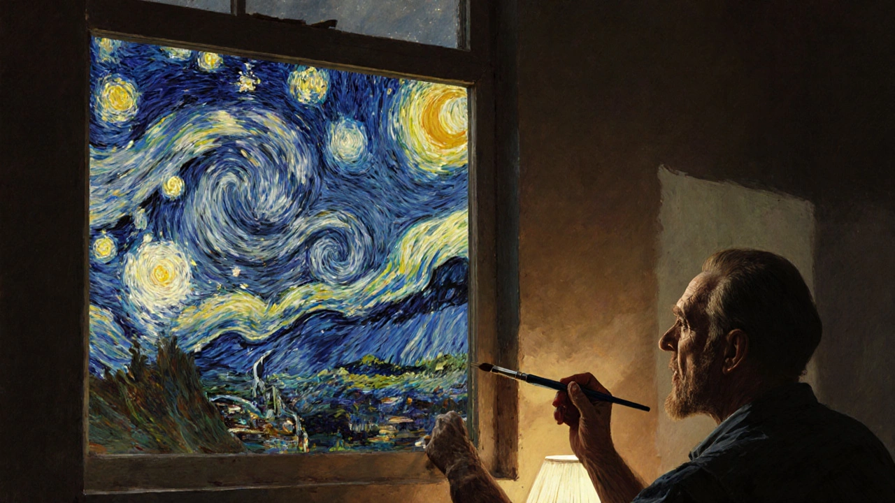 Van Gogh's hand painting the starry sky from his asylum window, brush mid-stroke, landscape faintly visible.
