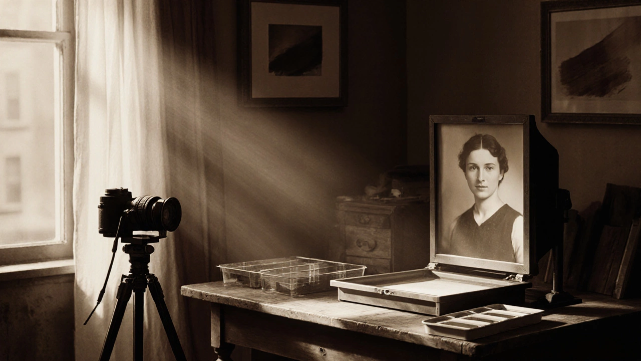 Vintage studio scene with Alfred Stieglitz&#039;s camera, glass negatives, and a soft‑focus portrait under sepia lighting.
