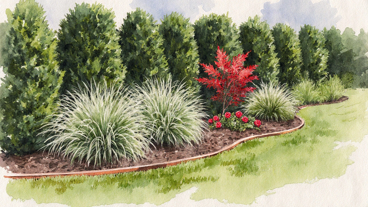 Watercolor garden bed with green boxwood background, red roses, red maple, and copper edging.
