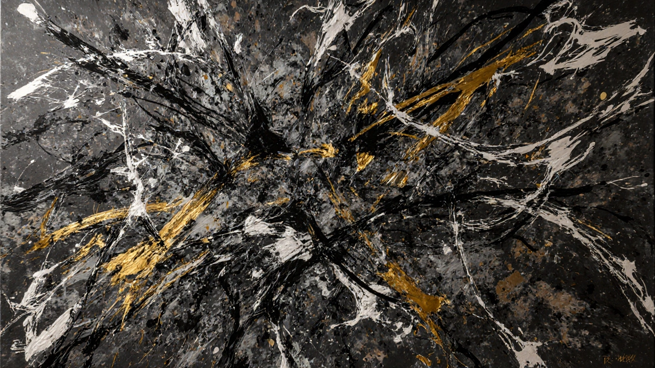 A dynamic splash of paint in black, gold, and white, capturing motion and gesture in abstract expressionism.