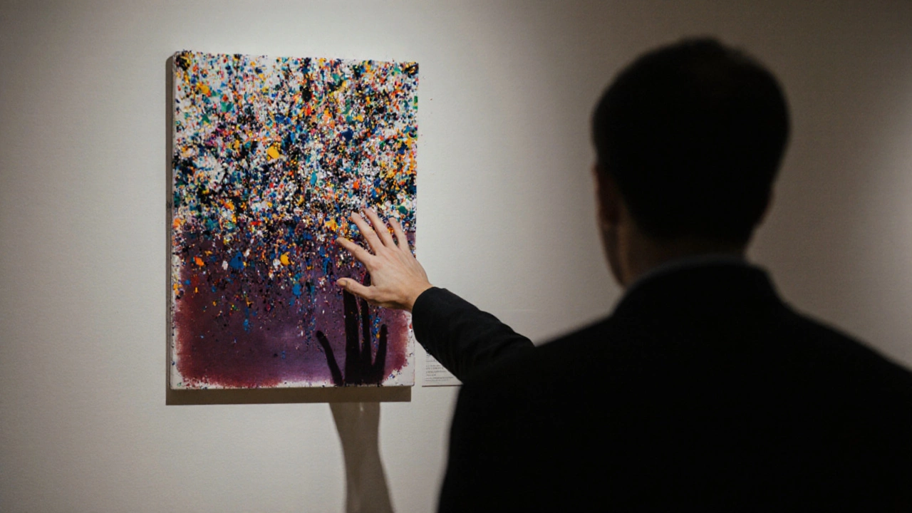 A hand reaching toward a chaotic splatter painting while a figure turns from a serene color field.