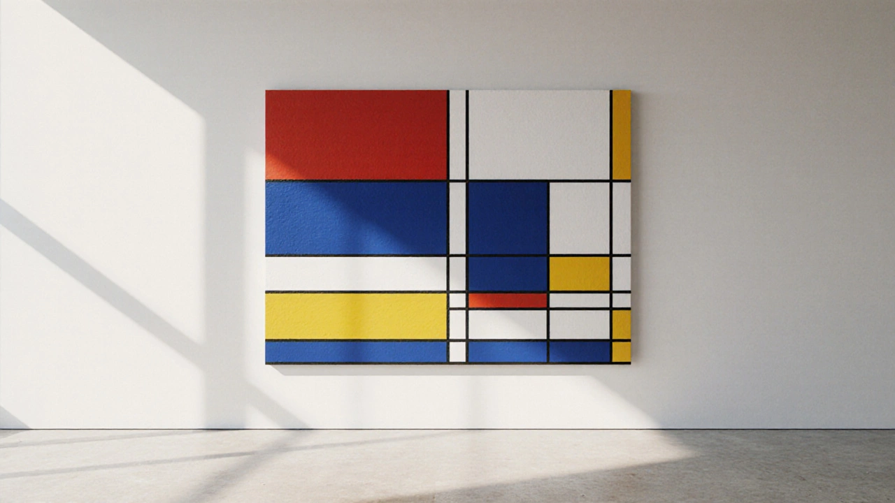 A minimalist grid of primary colors and clean lines on a white background, embodying structured abstraction.