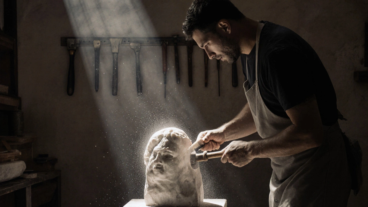 A sculptor carving a marble block with chisel and mallet.