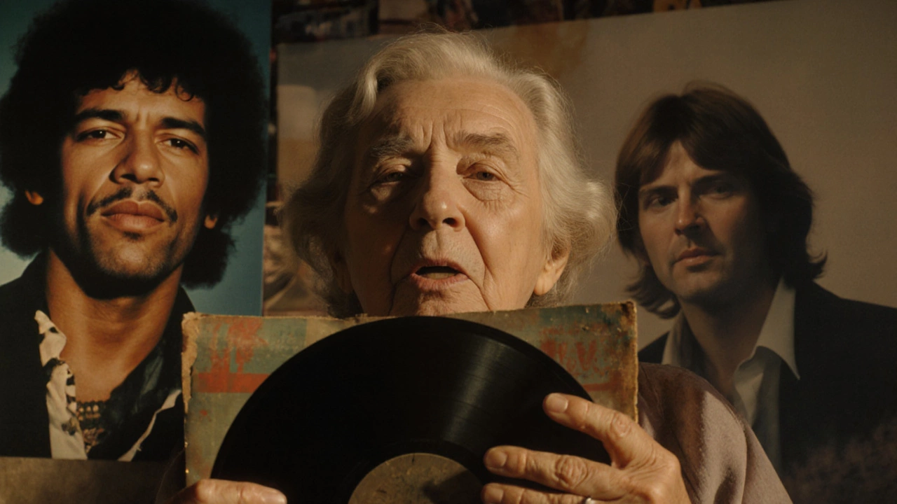 An elderly woman holding a vinyl record, surrounded by fading images of legendary musicians.