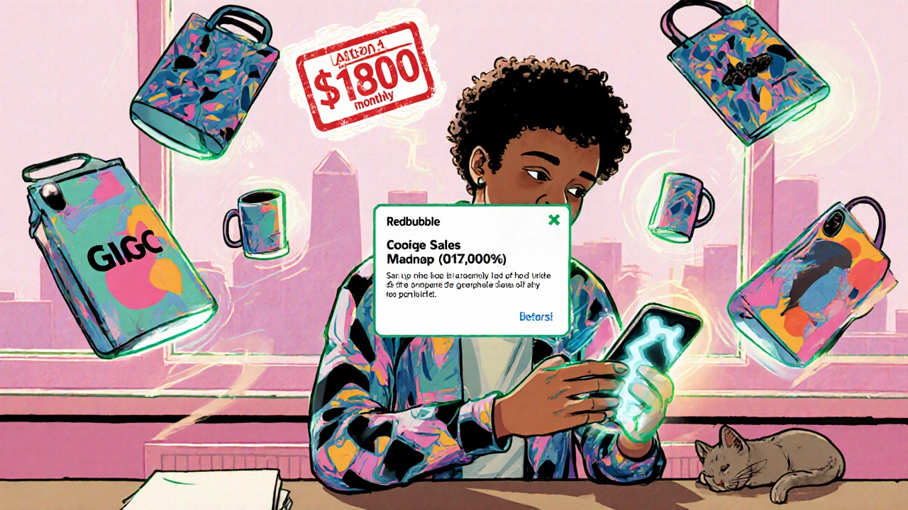 Artist holding phone showing ,800 sales notification while abstract art becomes physical products in air.