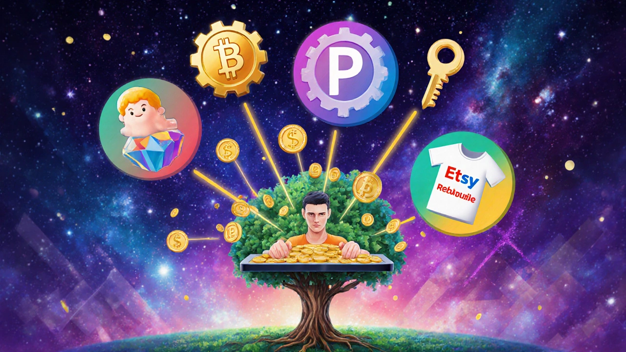 Artist surrounded by floating income icons: NFT, subscription, license, print-on-demand, and Etsy box.