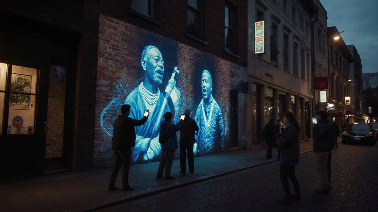Augmented reality projections of Māori ancestors appearing over a colonial portrait on a city wall at dusk.