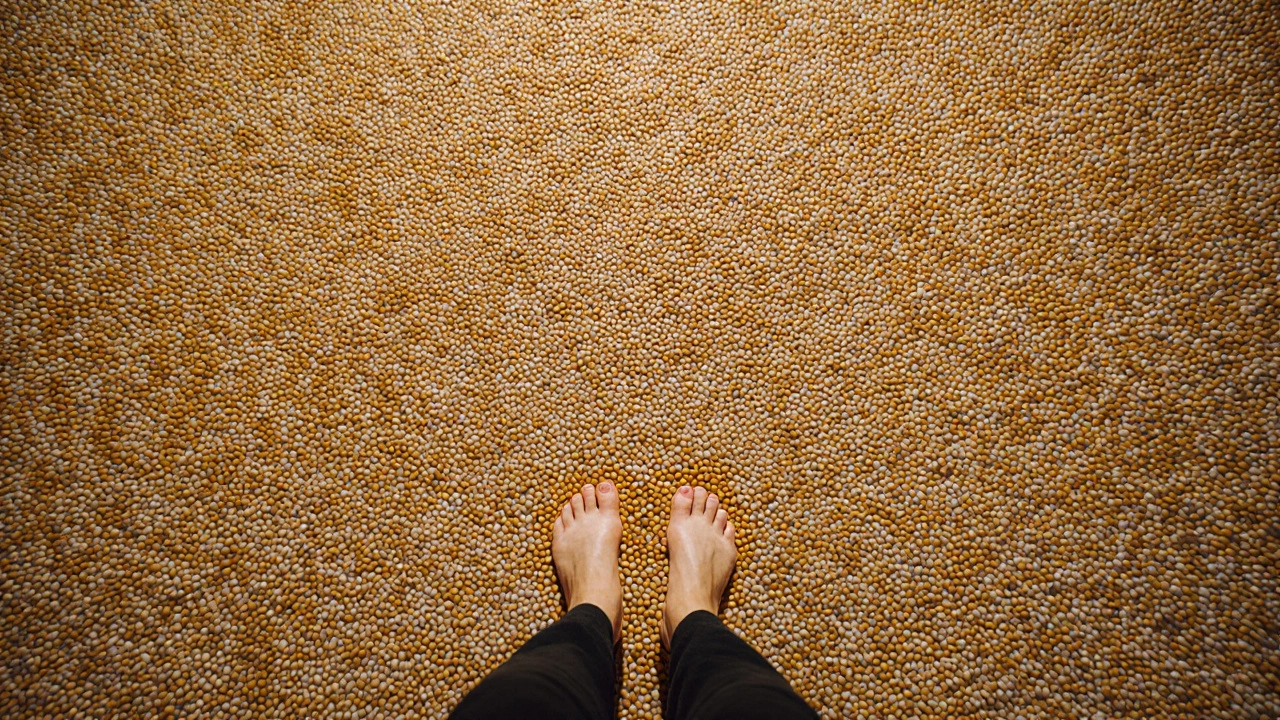 Floor covered in millions of hand-painted porcelain sunflower seeds, with faint reflections of feet walking through them.