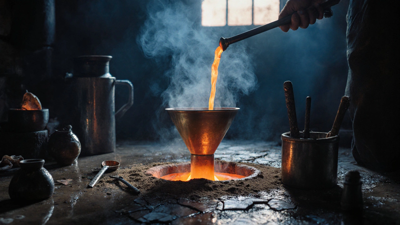 Molten bronze being poured into a mold at a foundry.