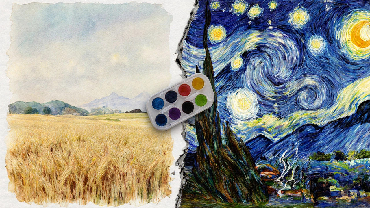 Split image: fragile watercolor sketch on left, bold oil painting on right with raised texture.