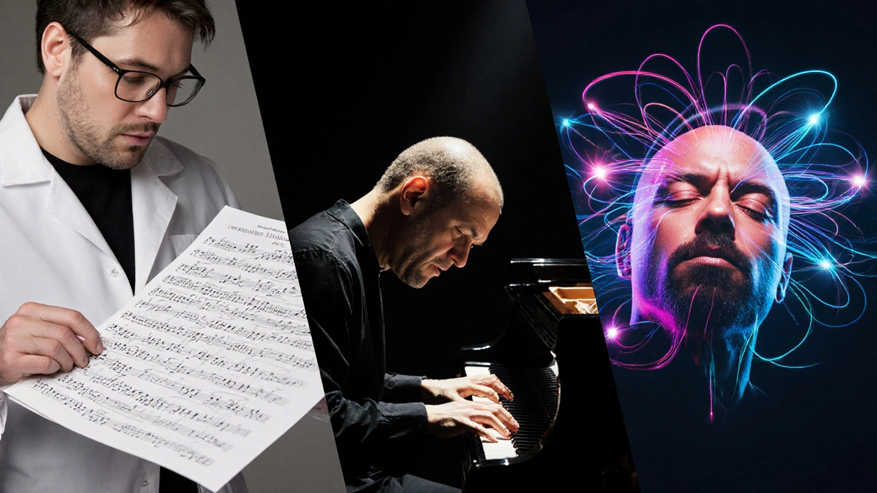 Three musicians—Keenan, Gould, and Pharrell—each representing different paths to musical genius.