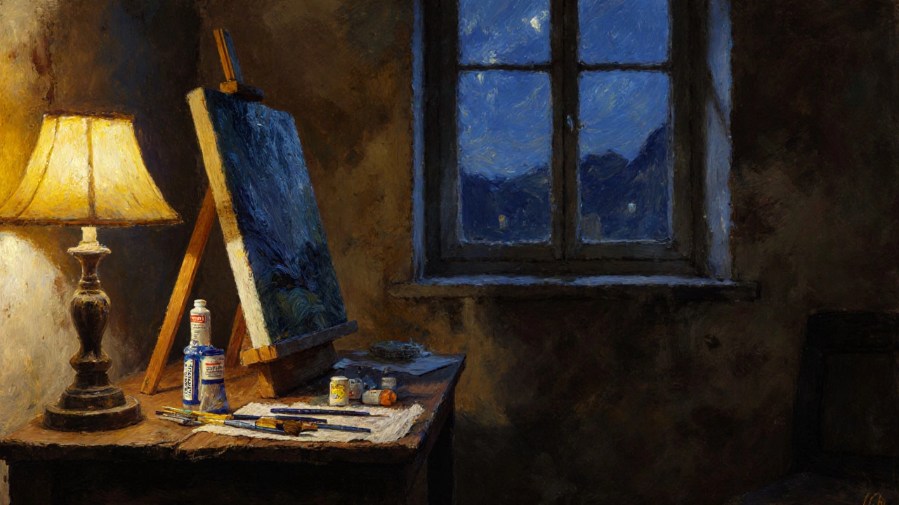 Van Gogh&#039;s dimly lit asylum studio with oil paints and canvas, no watercolors visible.