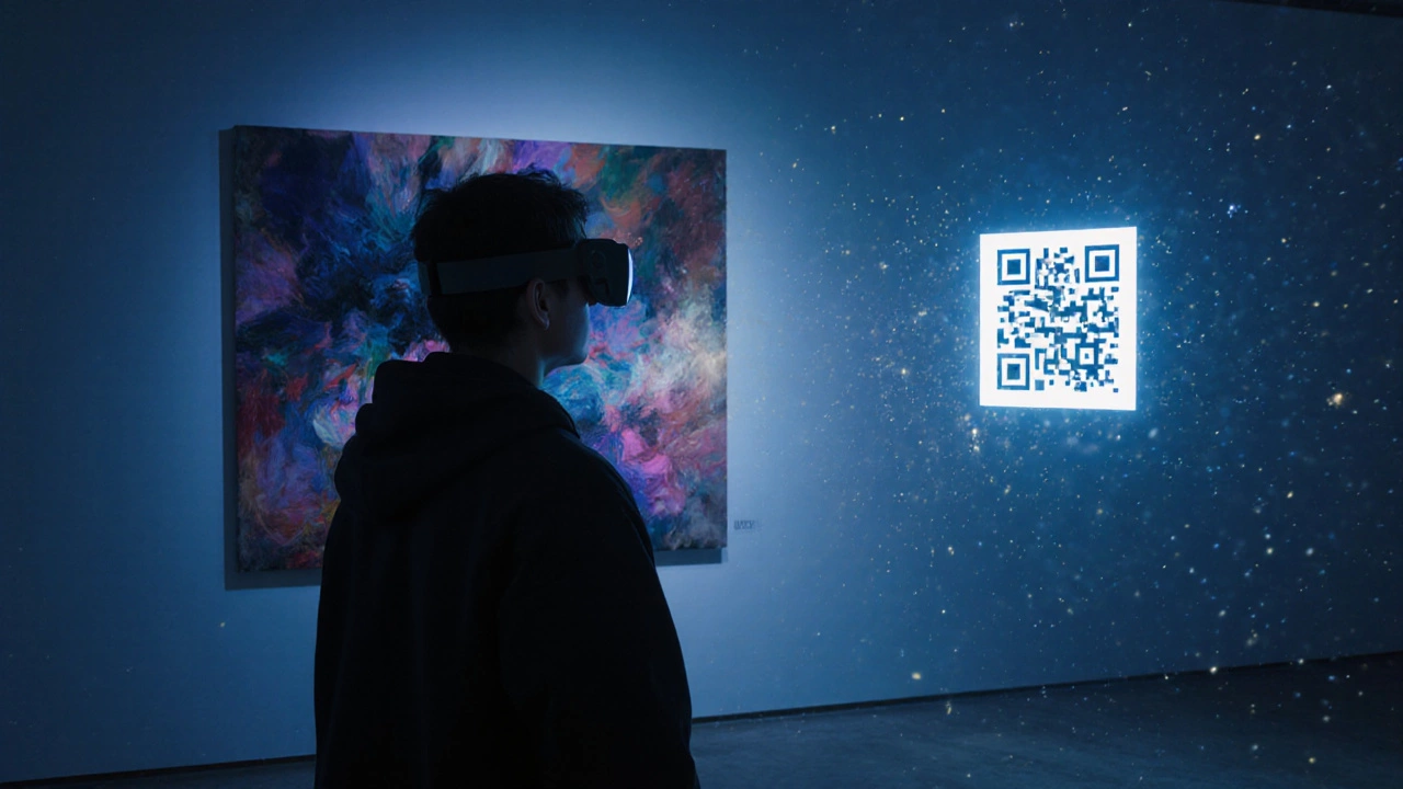 Visitor in AR glasses watches a painting come alive with breathing figures and shifting colors.