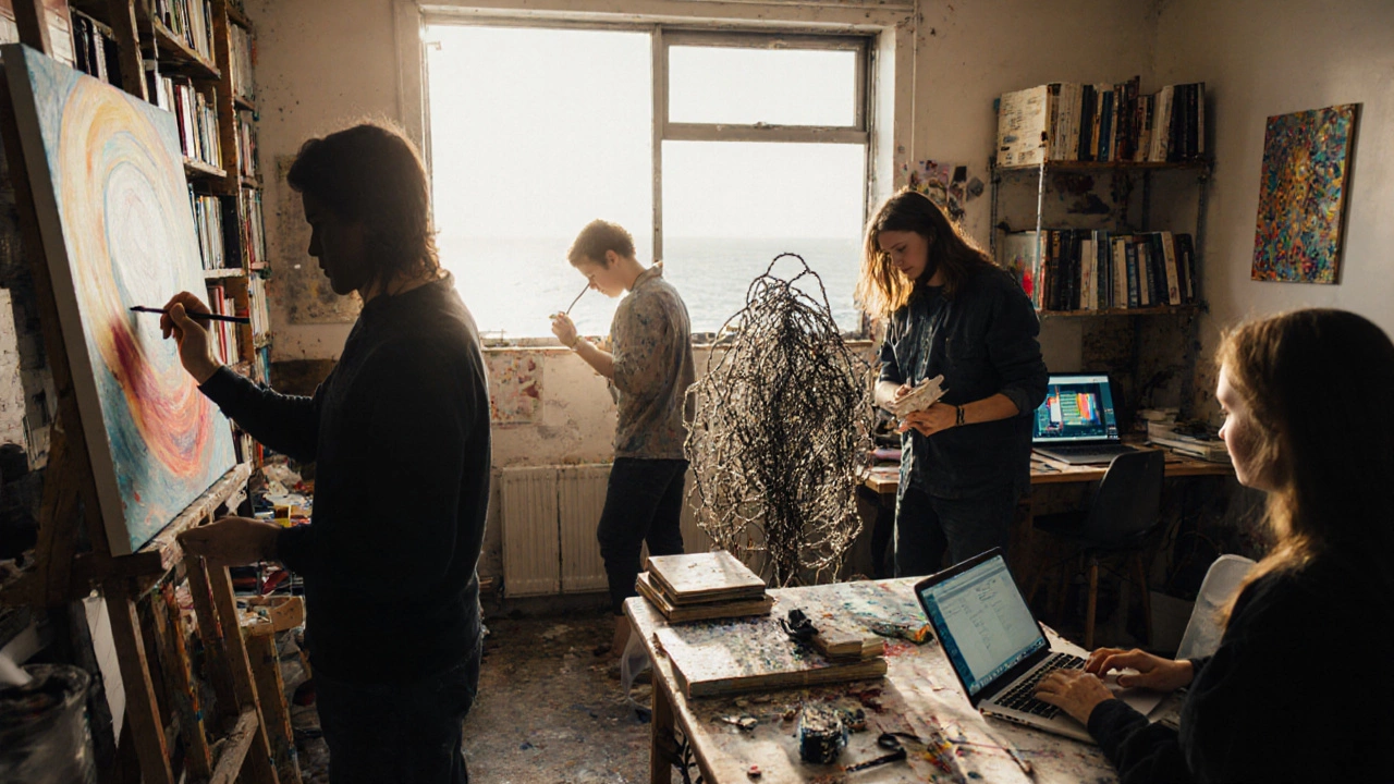 Young artists in a studio painting, sculpting from recycled nets, and coding data-driven sound art.